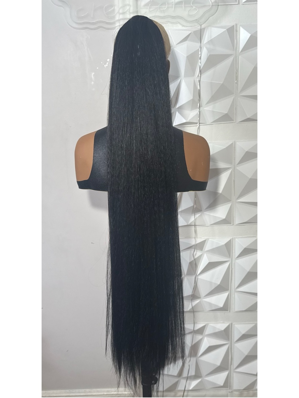 34” Black Yaki Straight Drawstring Ponytail | Heat-Friendly Human Hair Blend